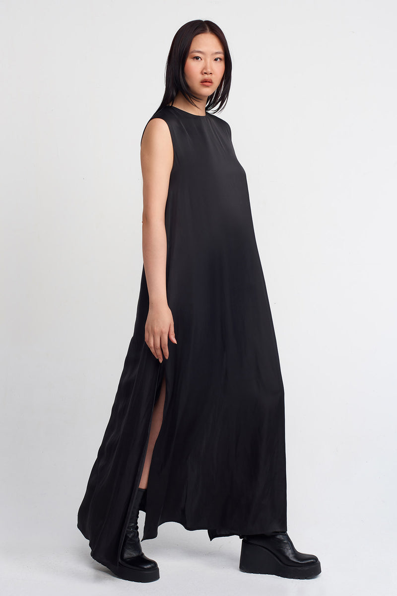 NU Satin Long Dress With Side Slits Black