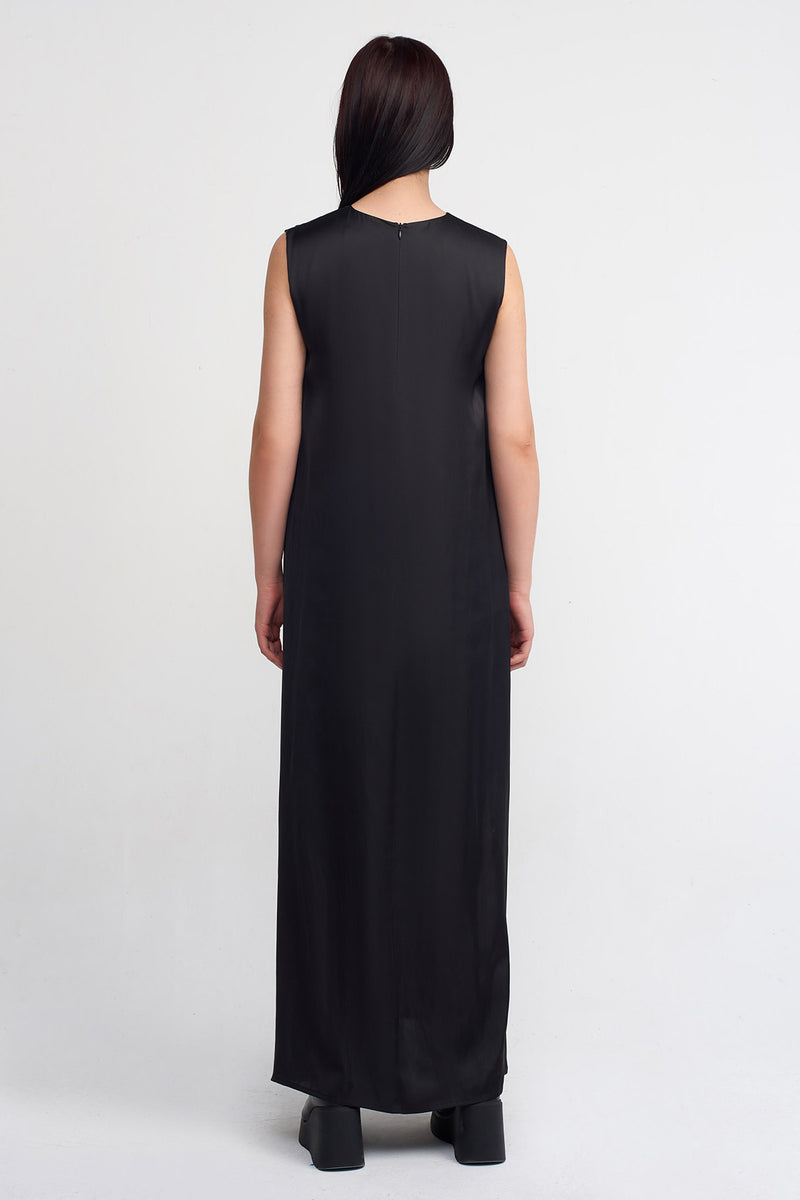 NU Satin Long Dress With Side Slits Black