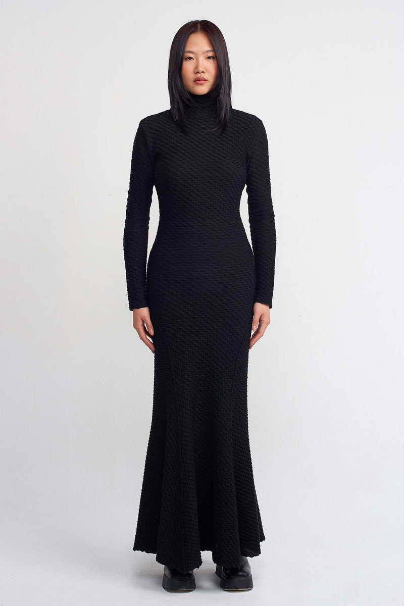 NU Textured Fabric Slim Long Dress Black
