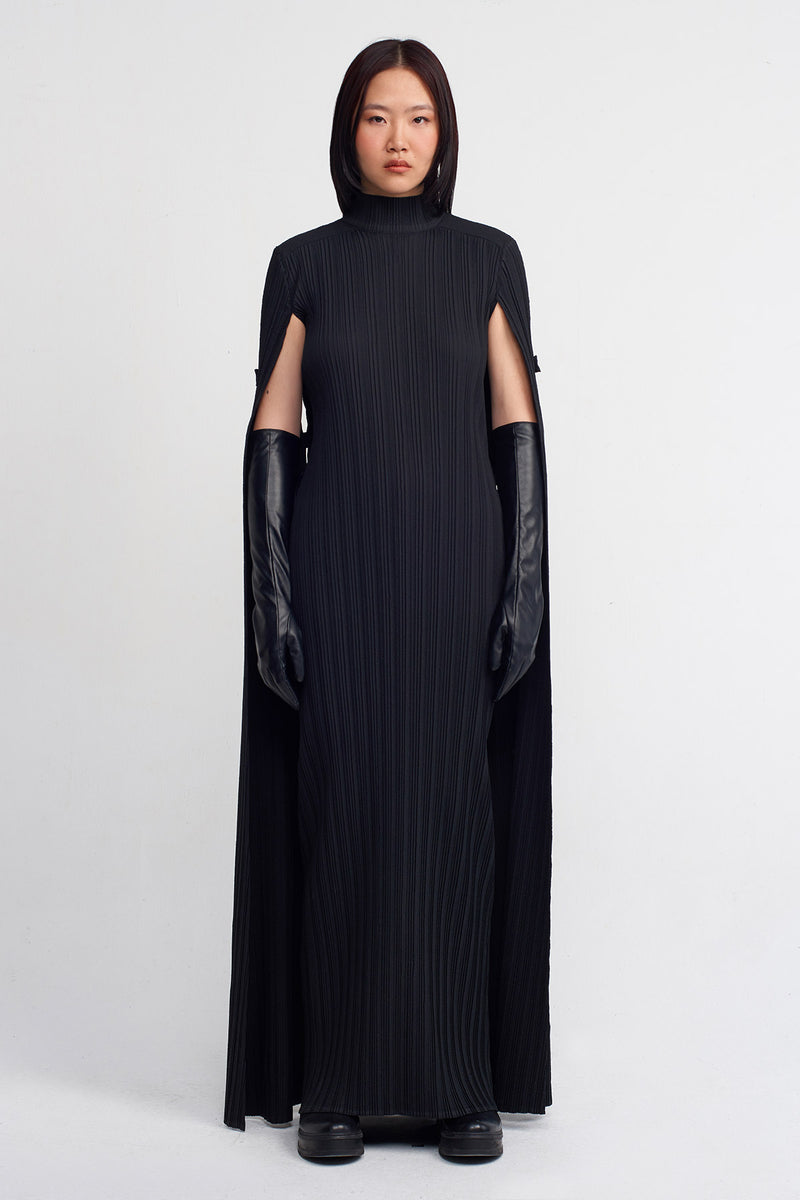 Nu Snap Detail Pleated Cape Dress Black