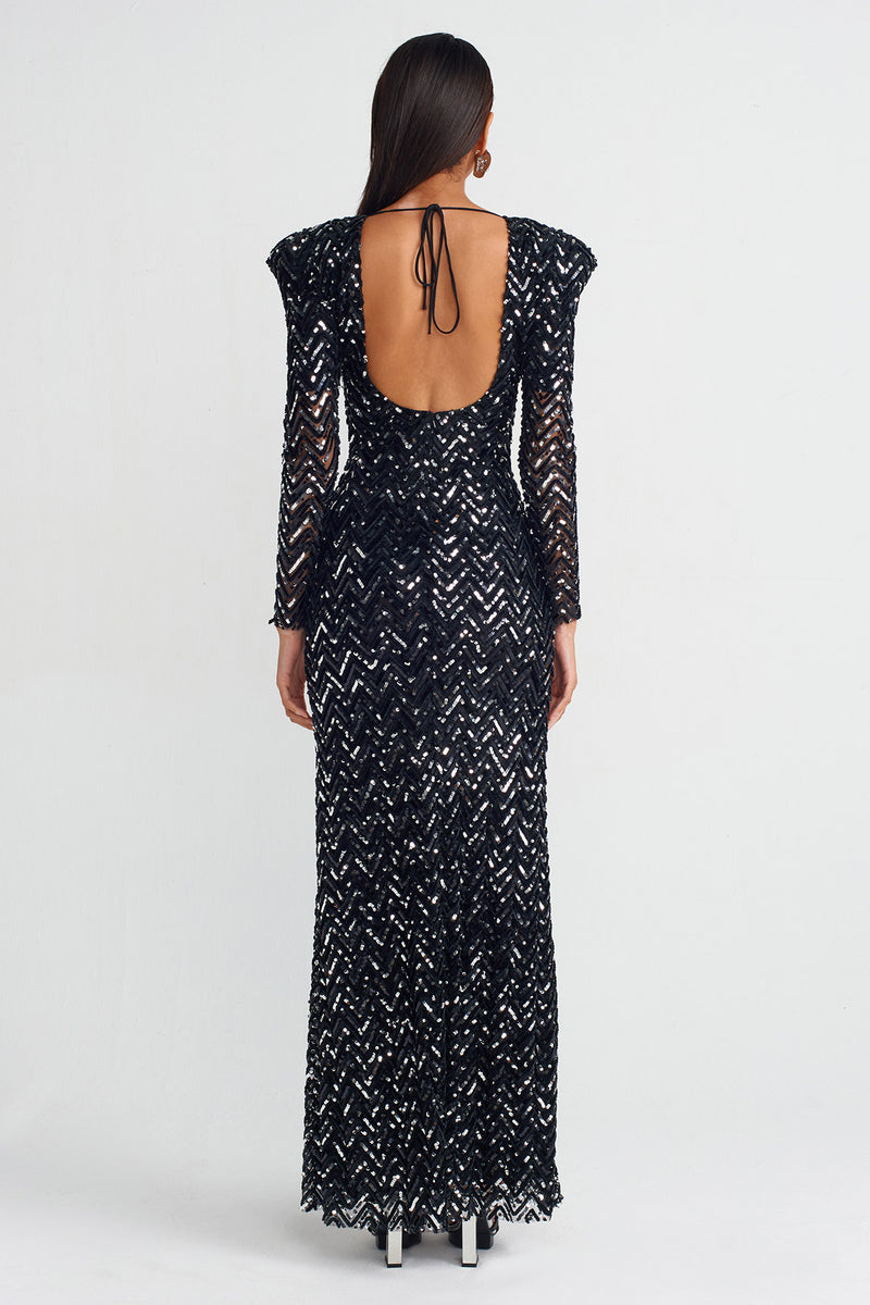 Nu Padded Shoulder Embroidered Long Dress Black