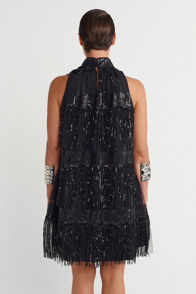 Nu Beaded Fringe Mini Dress Black