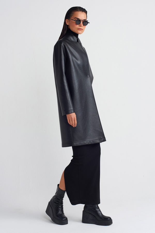 NU Textured Leather Long Jacket Black