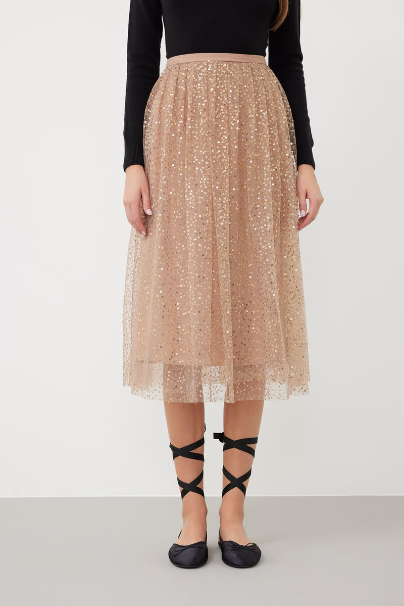 Roman Sequined Tulle Midi Skirt Powder