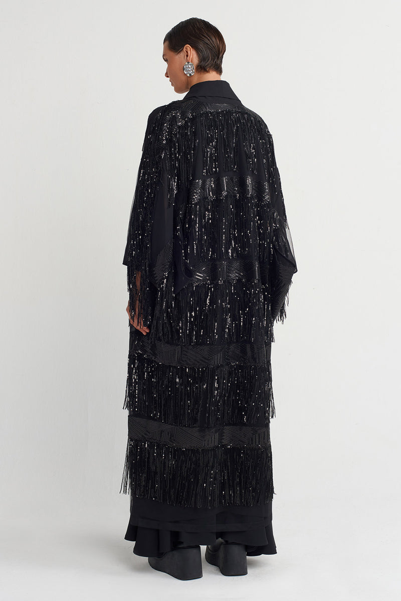 Nu Beaded Fringe Long Kimono Black