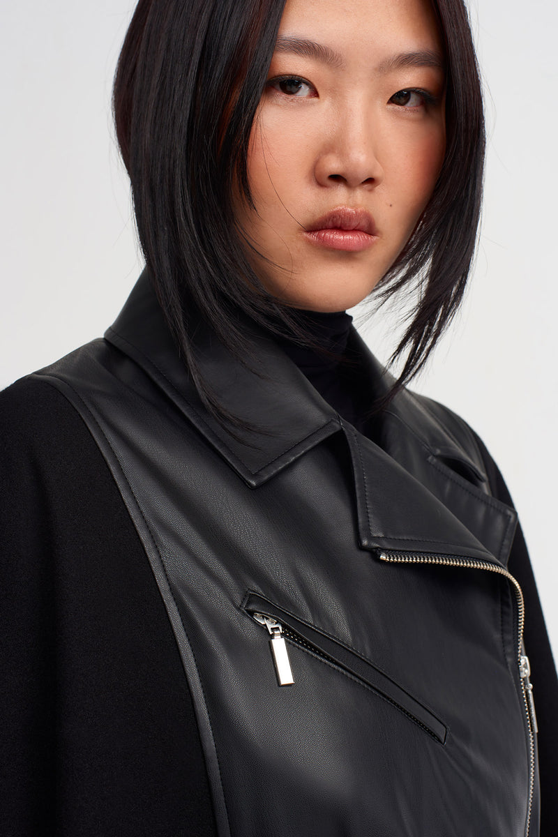 Nu Leather Detail Cape Coat Black