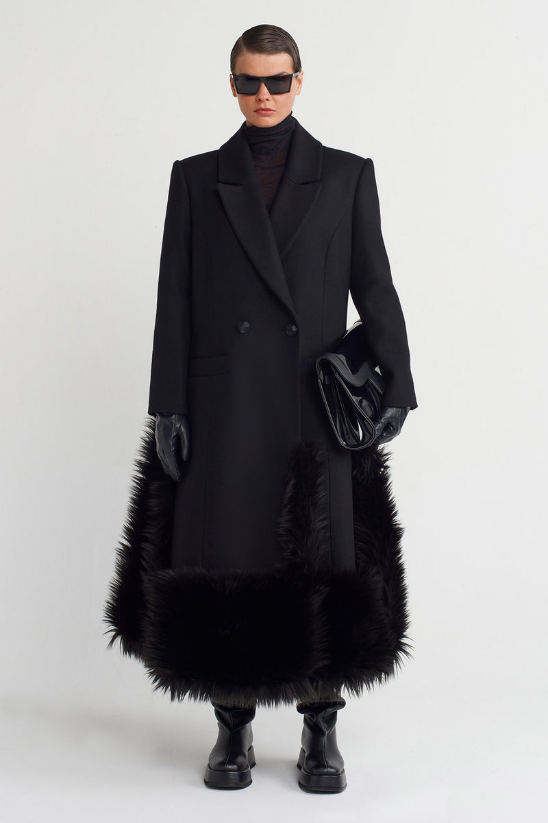 Nu Fur Detailed Long Elegant Coat Black