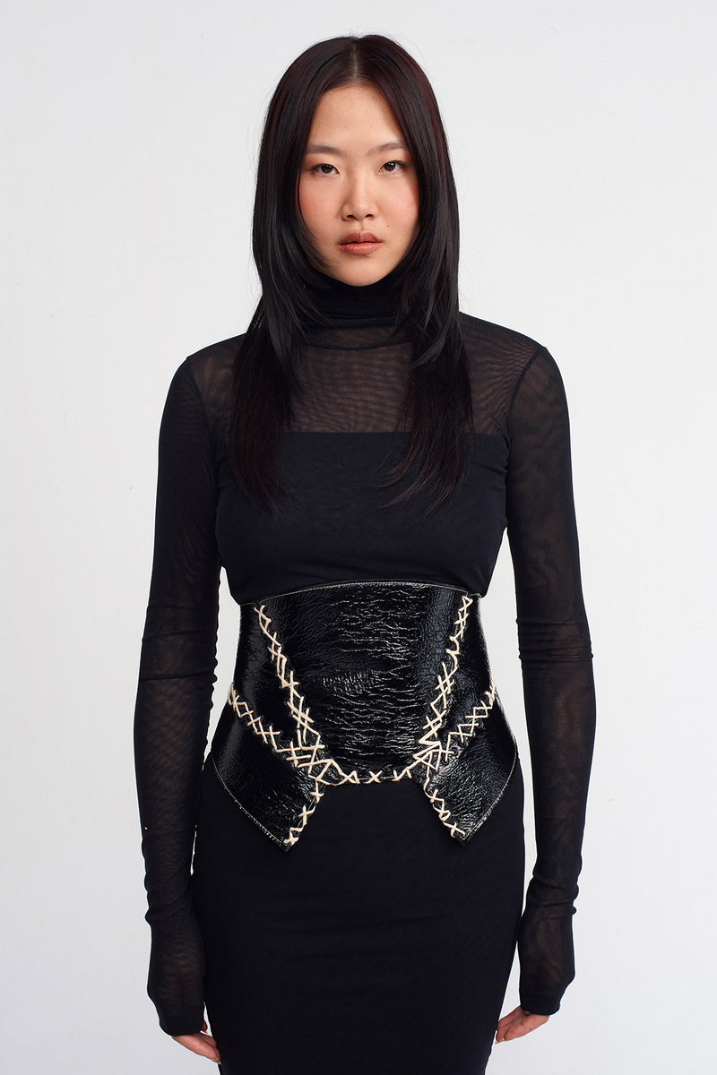 Nu Hand-Stitched Leather Corset Belt Black