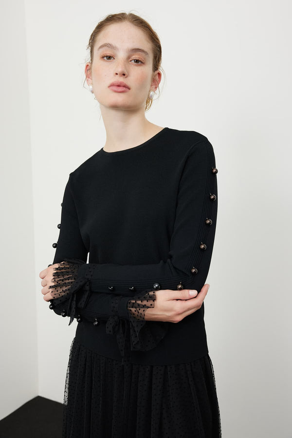Roman Bead-Embellished Tulle Detail Knitwear Black