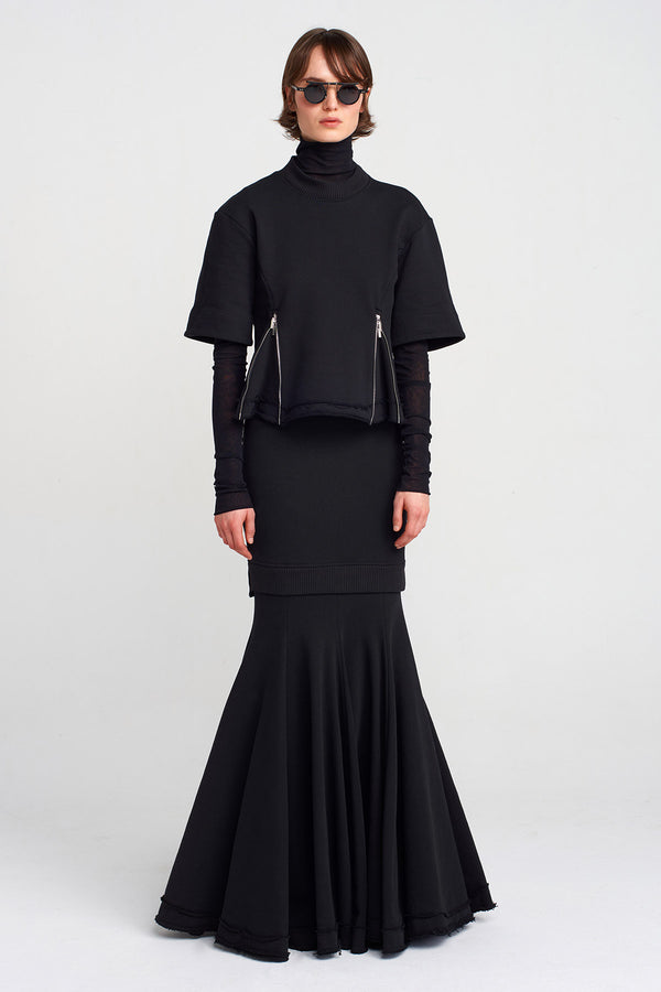 Nu Zipper Detailed Thick Fabric T-Shirt Black