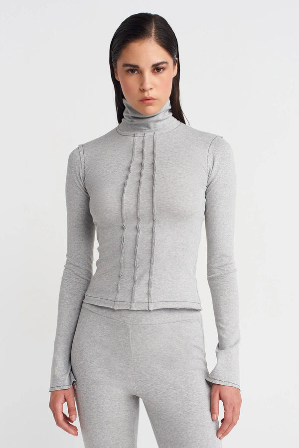 Nu Turtleneck Raw Seam Bodysuit Light Grey Melange
