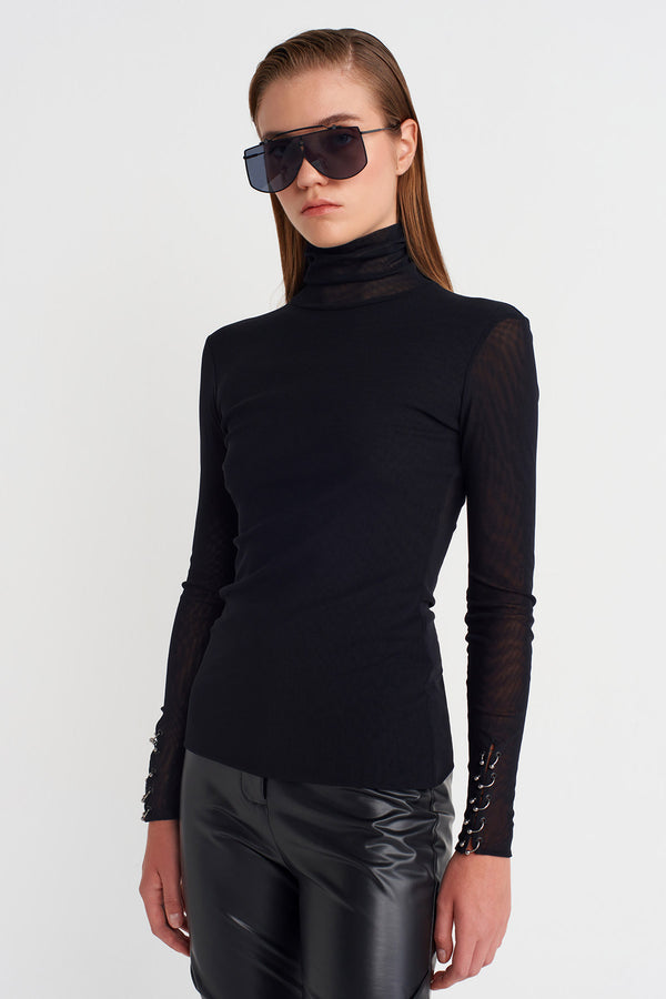 Nu Sheer Bodysuit With Metal Sleeve Accents Black