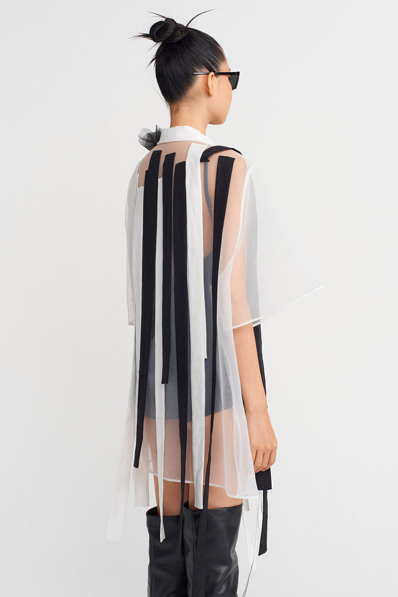 Nu Striped And Floral Detailed Organza Shirt Off White/Black