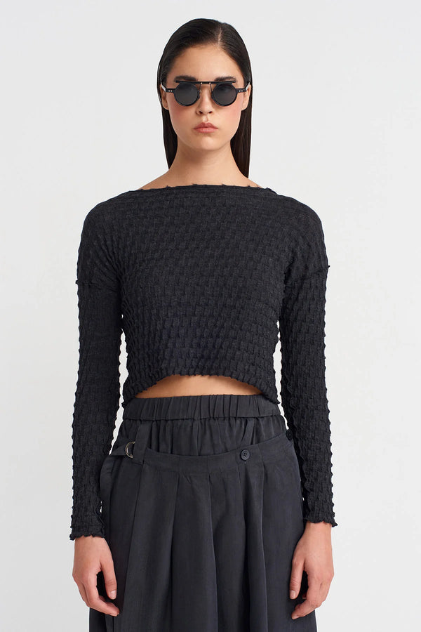 Nu Jacquard Long Sleeve Crop Blouse Anthracite