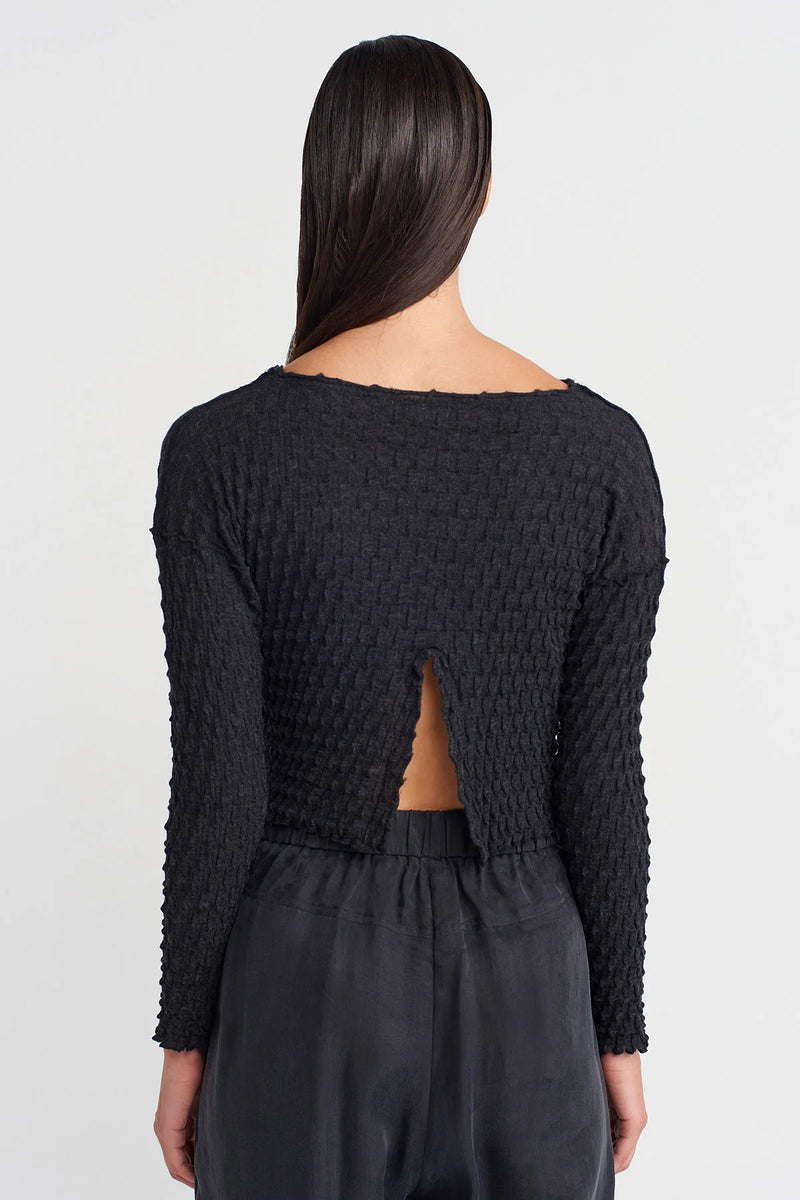 Nu Jacquard Long Sleeve Crop Blouse Anthracite