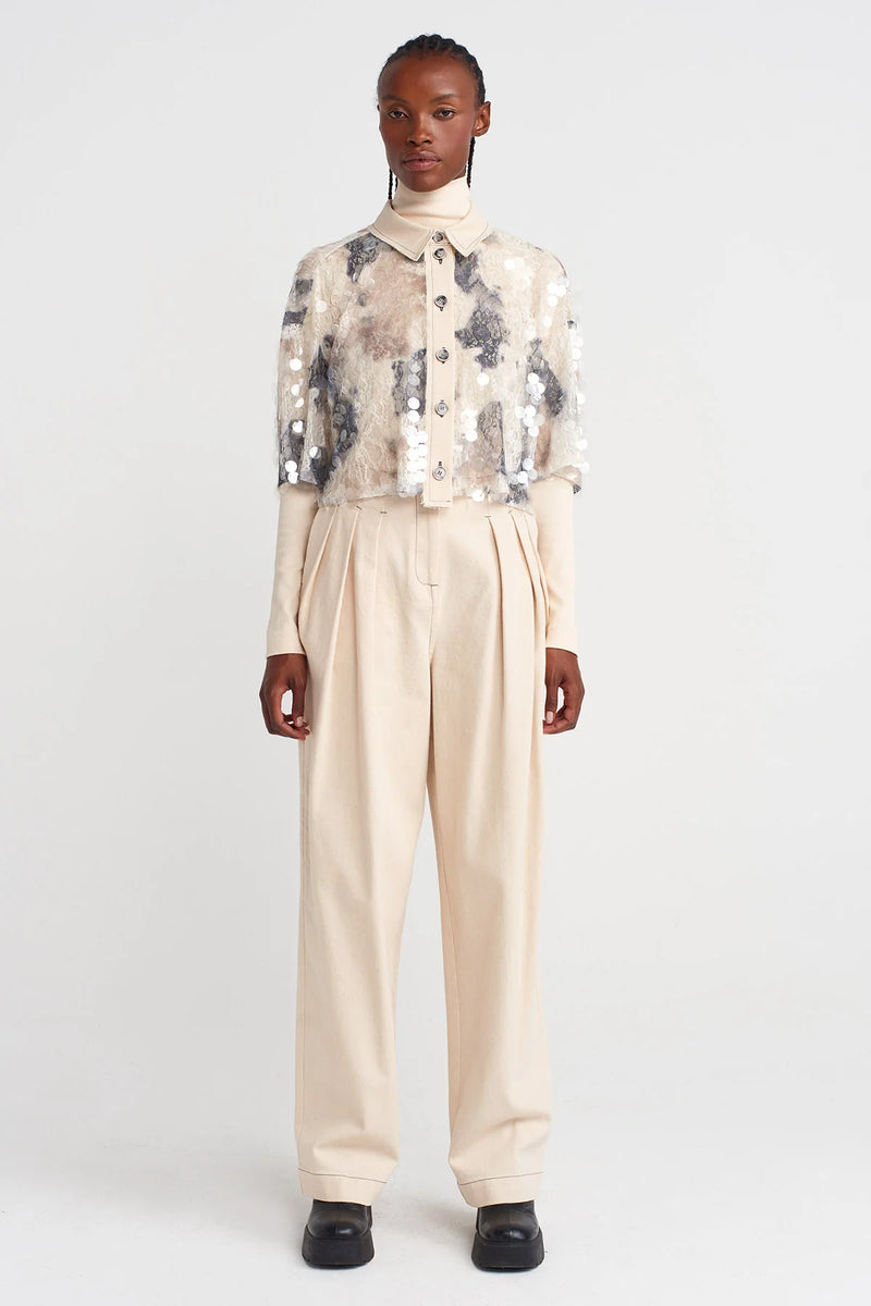 Nu Sequin-Embroidered Guipure Crop Shirt Grey Melange