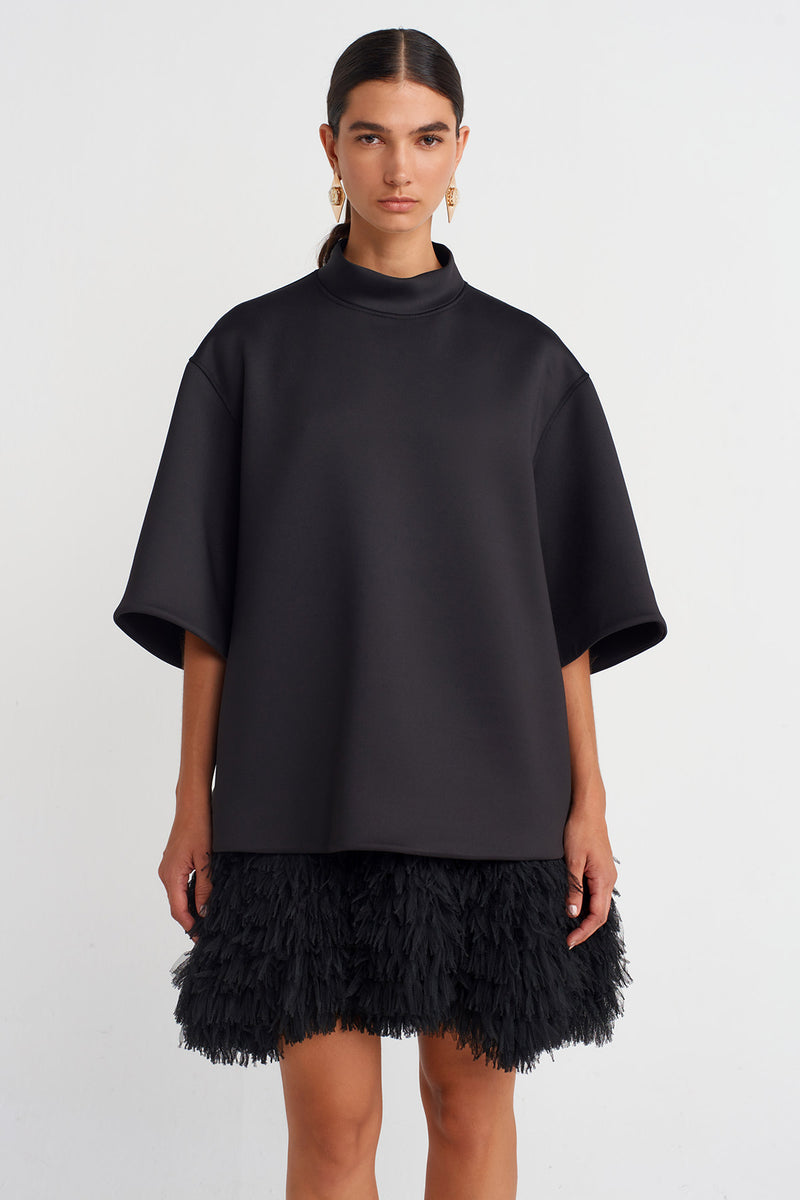 Nu Black Scuba Fabric Mock Neck Top Black