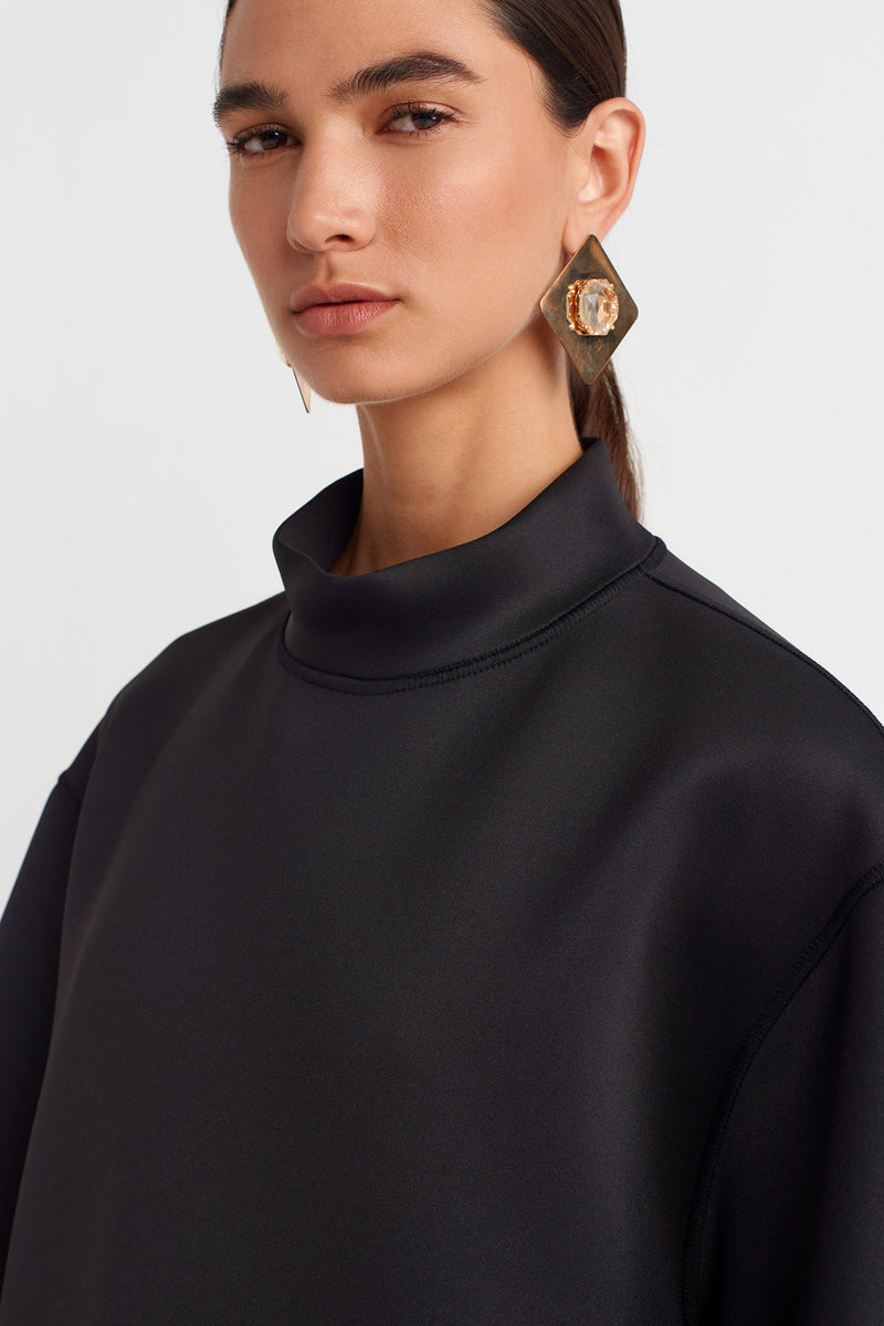 Nu Black Scuba Fabric Mock Neck Top Black