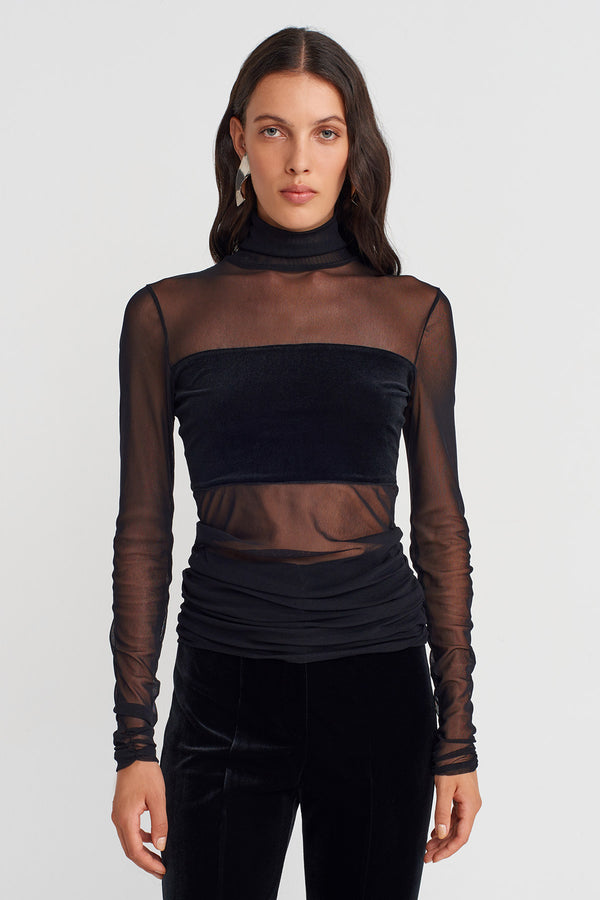 Nu Velvet Mesh Front Bodysuit Black