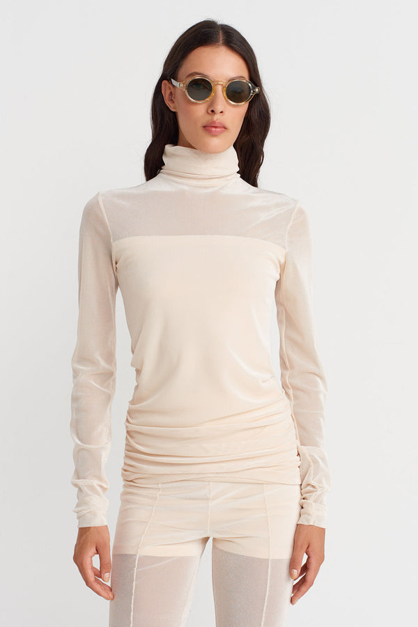 Nu Ruched Side Mesh Bodysuit Natural