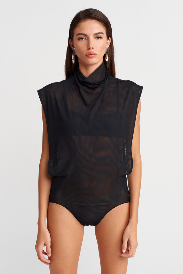 Nu Sheer Draped High-Neck Bodysuit Black