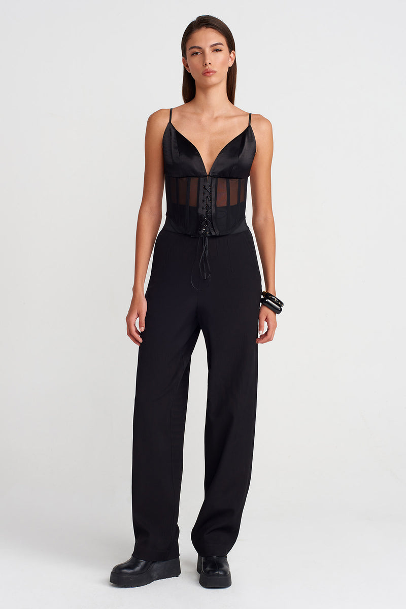 Nu Satin Bustier Detailed Sheer Corset Top Black