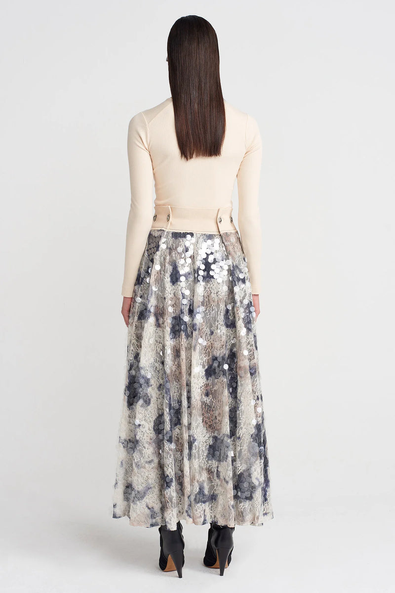 Nu Sequined Guipure Long Skirt Grey Melange