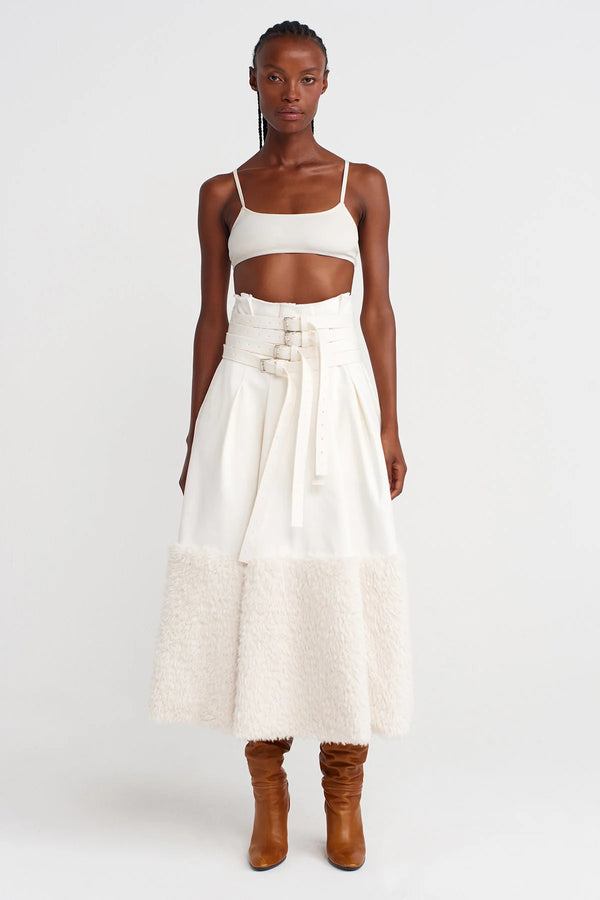 Nu Multi-Belted Denim-Fur Combination Skirt Off White