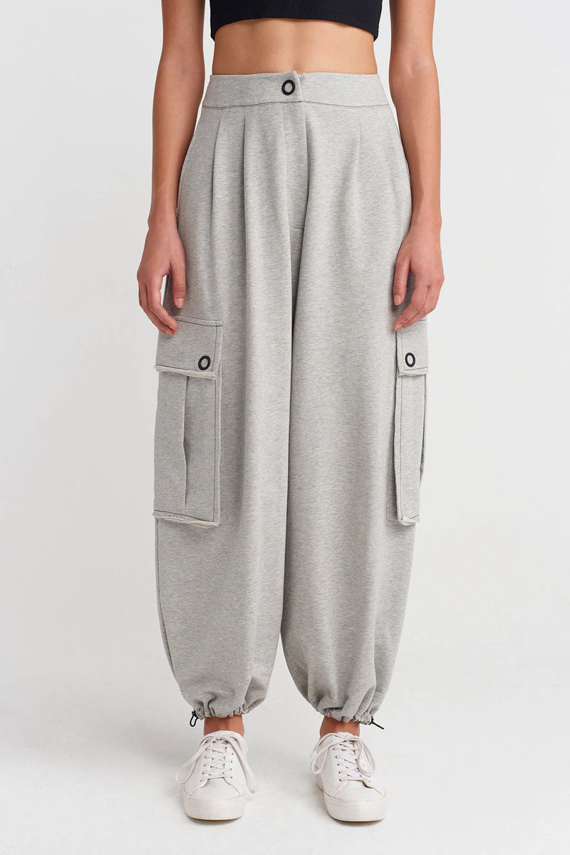 NU Drawstring Hem Pants With Large Pockets Light Grey Melange