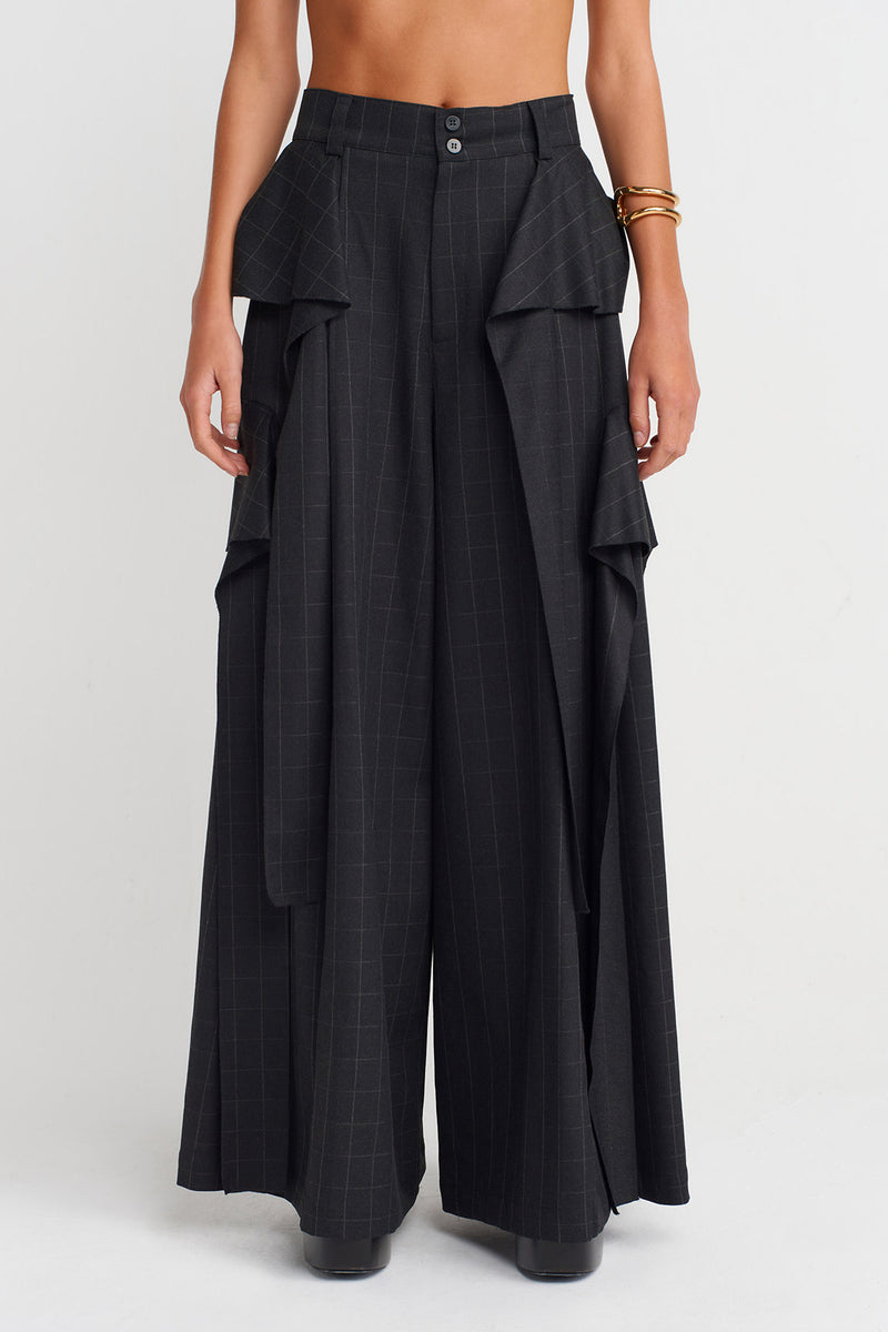 Nu Plaid Detailed Palazzo Trousers Grey-Brown