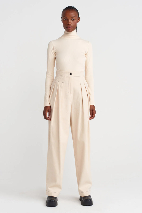 Nu High Waist Pleated Denim Trousers Natural