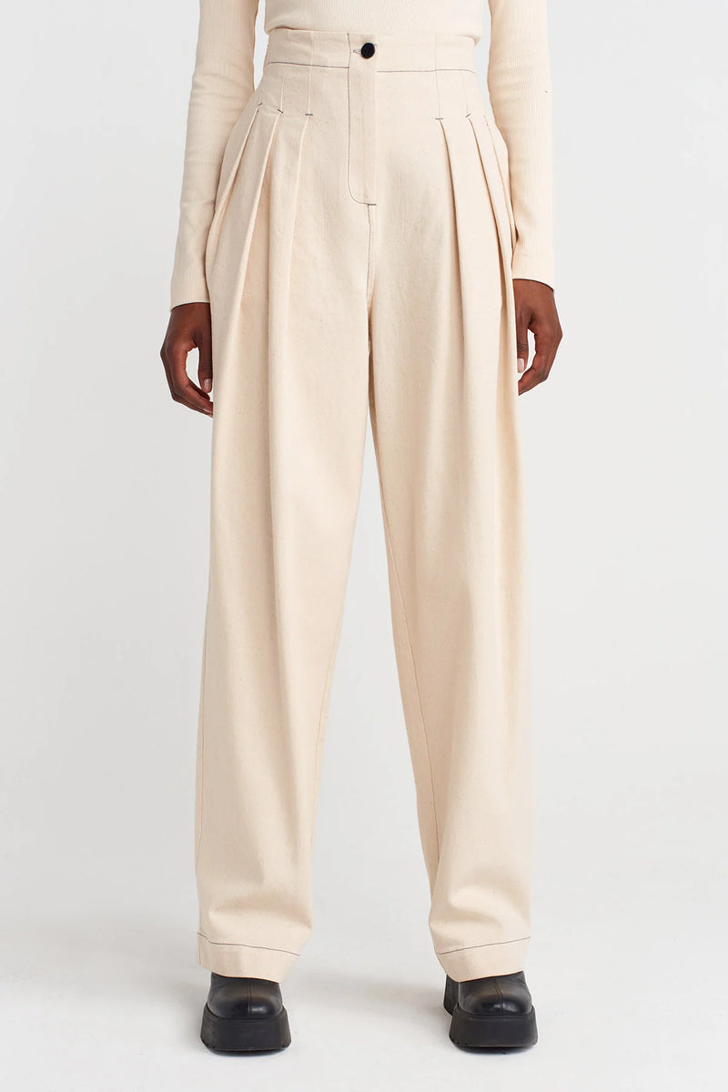 Nu High Waist Pleated Denim Trousers Natural
