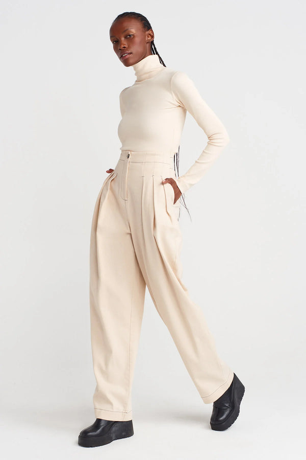 Nu High Waist Pleated Denim Trousers Natural