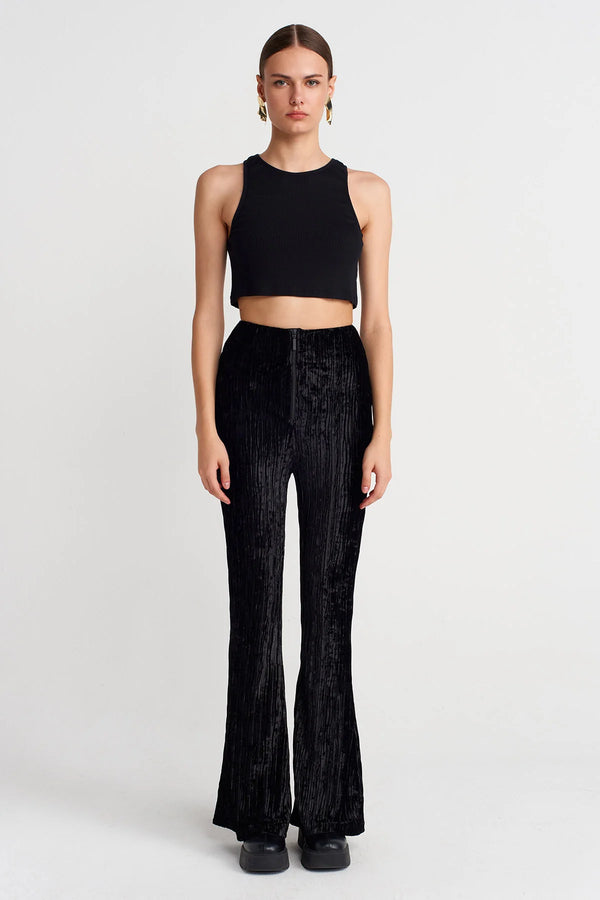 Nu Ribbed Crushed Velvet Flared Trousers Black