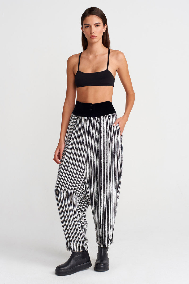 Nu Velvet-Waist Beaded Trousers Black-White