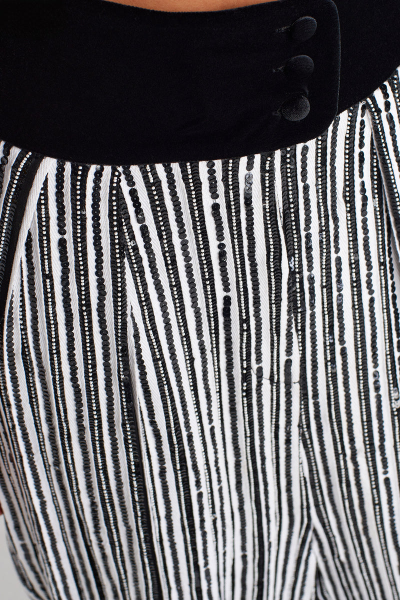 Nu Velvet-Waist Beaded Trousers Black-White