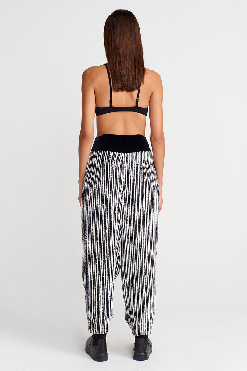 Nu Velvet-Waist Beaded Trousers Black-White
