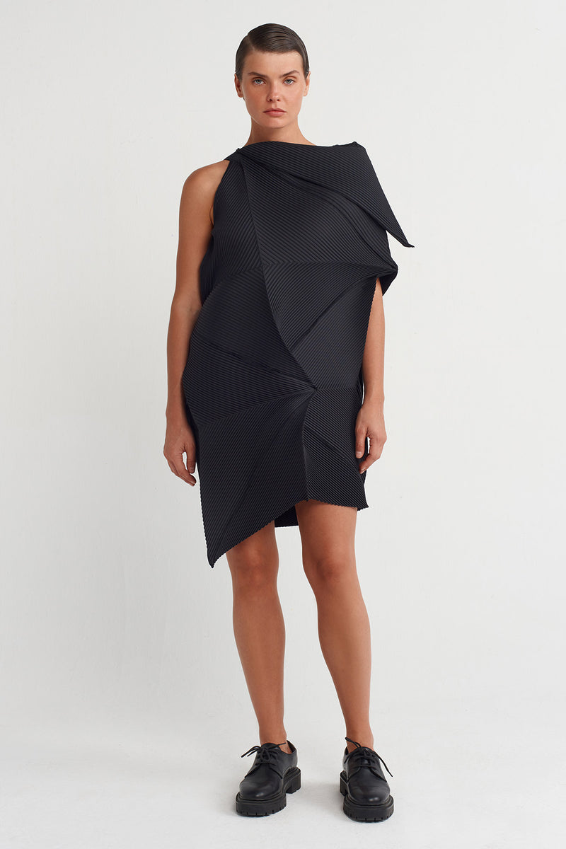 Nu Origami-Style Pleated Dress Black