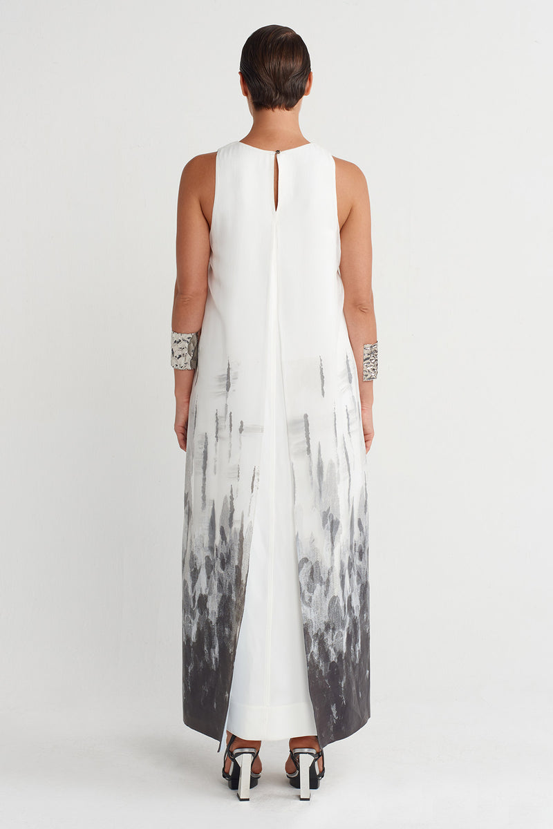 NU Printed Organza Long Dress Off White