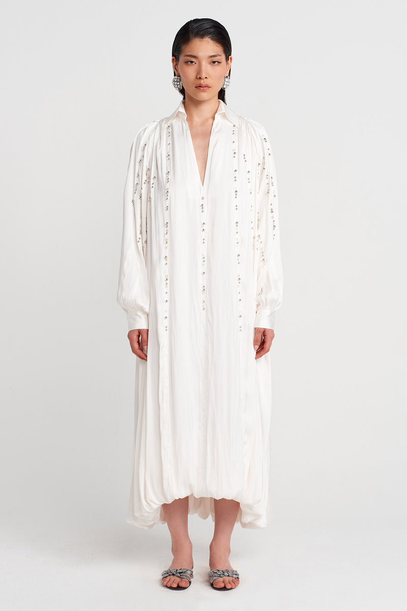 Nu Shirt Collar Embroidered Dress With Balloon Details Off White