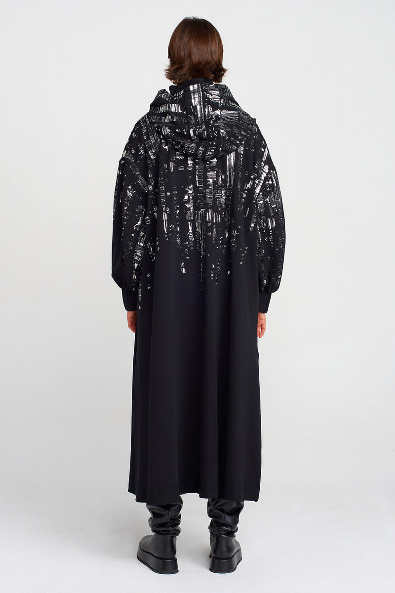 Nu Puffy Silver Printed Long Dress Black