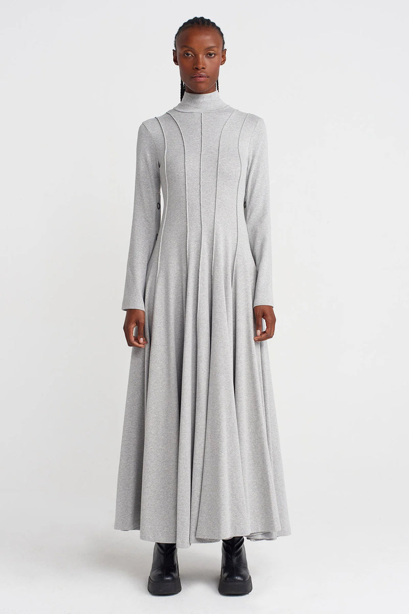 Nu Raw Seam, Snap-Back Waist-Fitted Long Dress Light Grey Melange