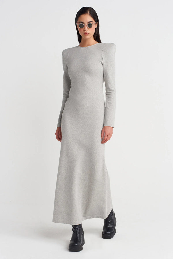 Nu Long Fitted Dress With Shoulder Pads And Back Cut-Out Light Grey Melange