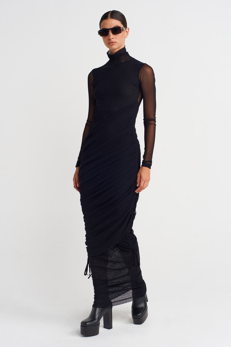 Nu Ruched Long Tulle Dress Black