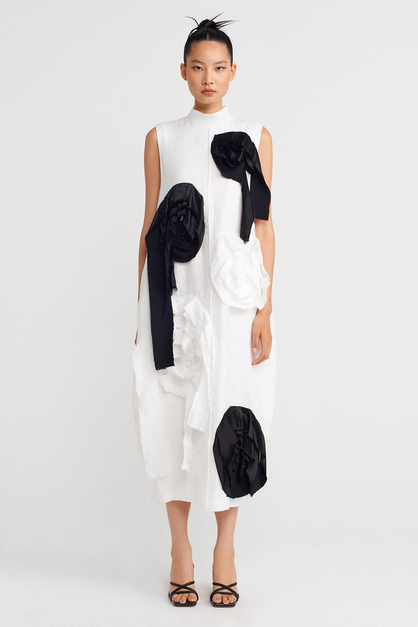 Nu Floral Appliqué Linen Dress Off White/Black
