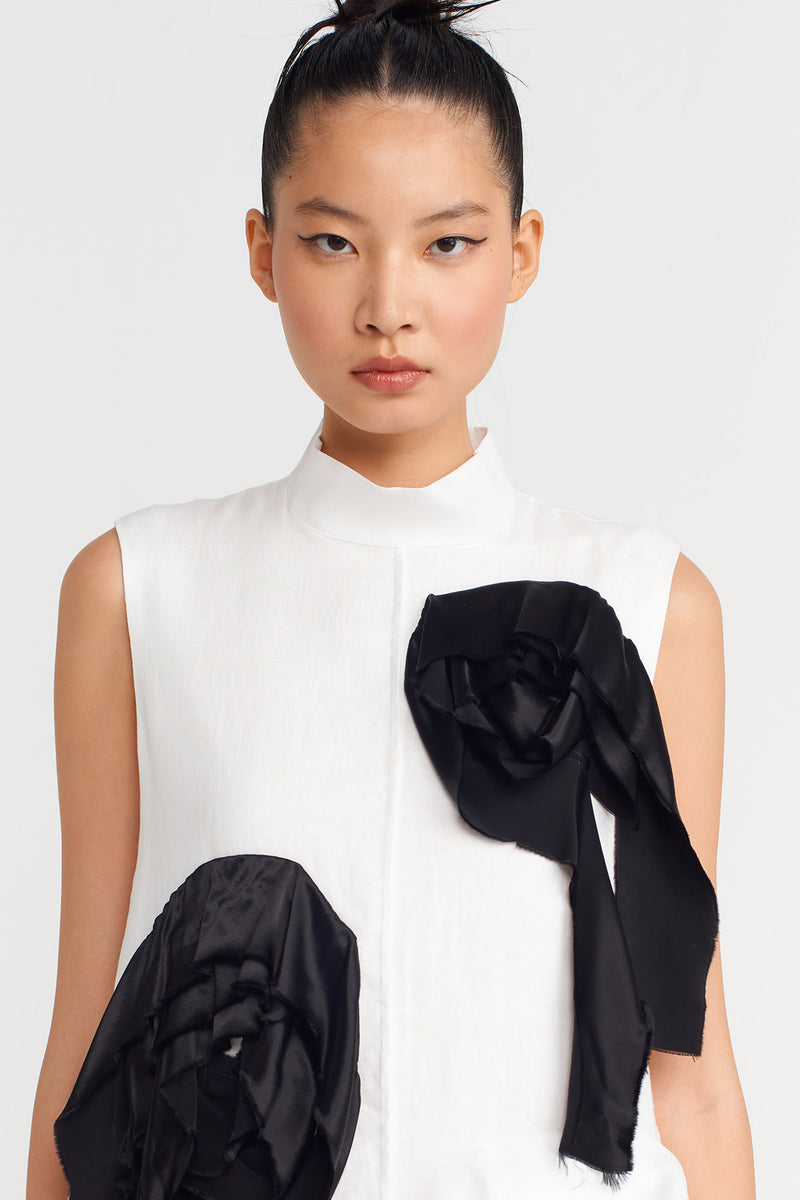 Nu Floral Appliqué Linen Dress Off White/Black