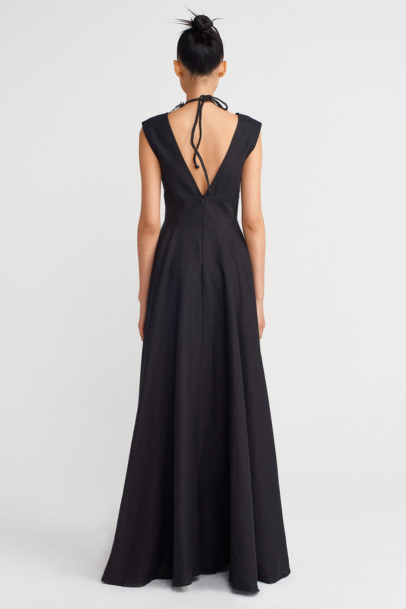 Nu Deep V-Neck Long Linen Dress Black
