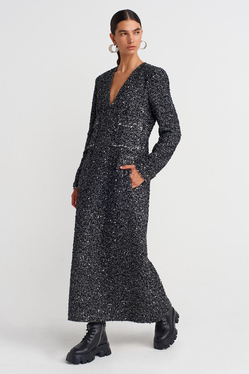 Nu Shimmery Maxi Dress Black/Offwhite
