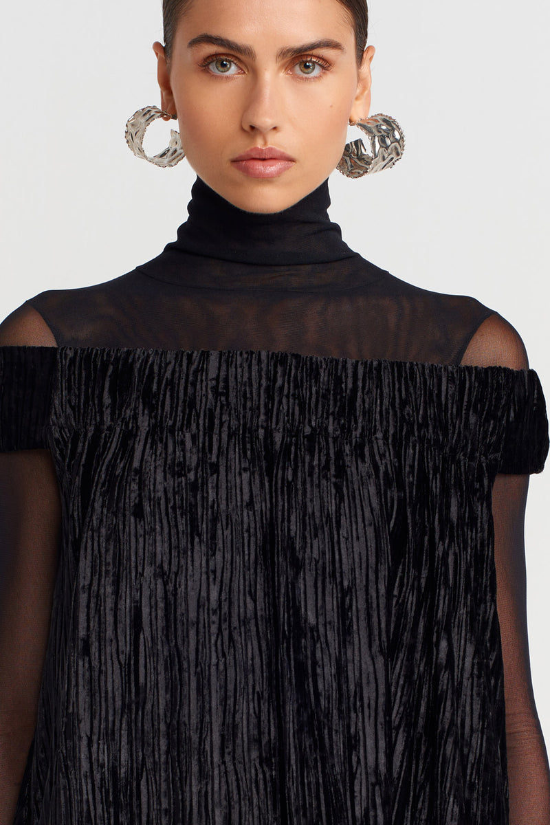 Nu Ribbed Velvet Off-Shoulder Flared Dress Black