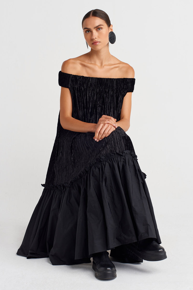 Nu Ribbed Velvet Off-Shoulder Flared Dress Black